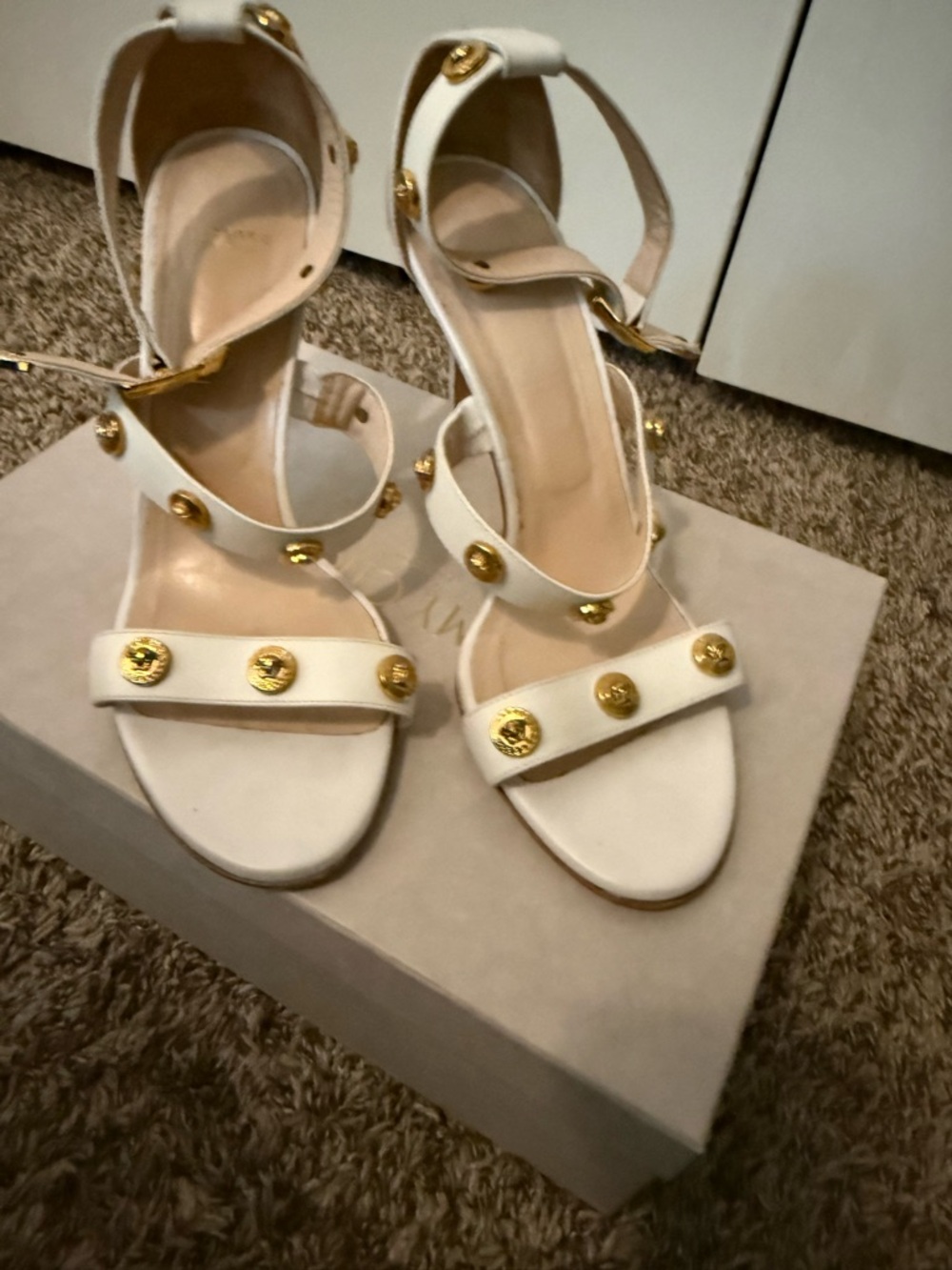 Versace White Leather Ankle-Strap Heels with Gold Medallions